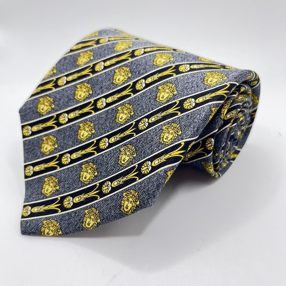 GIANNI VERSACE VINTAGE '90s BAROQUE MEDUSA HEADs Black‎ Gray Stripes ITALY BLACK